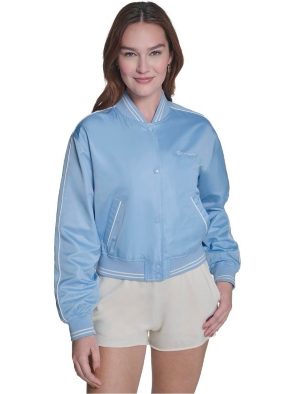 Champion Satin Bomber Jacket in Light Blue with White Trim